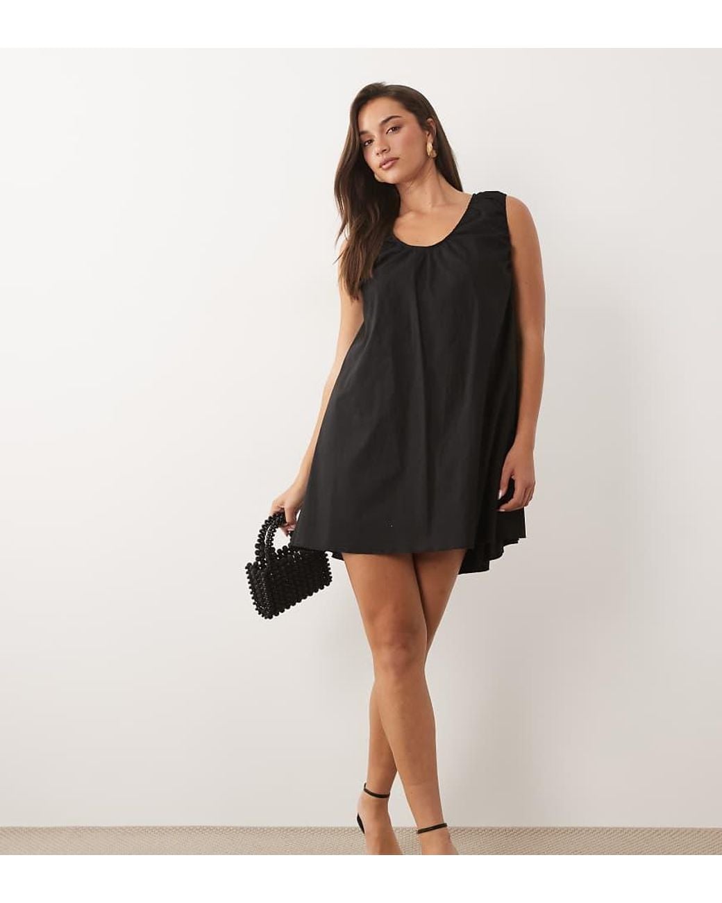 Fashionkilla Black Exclusive Cotton Rich Poplin Scoop Ruched Neck Detail Trapeze Mini Dress