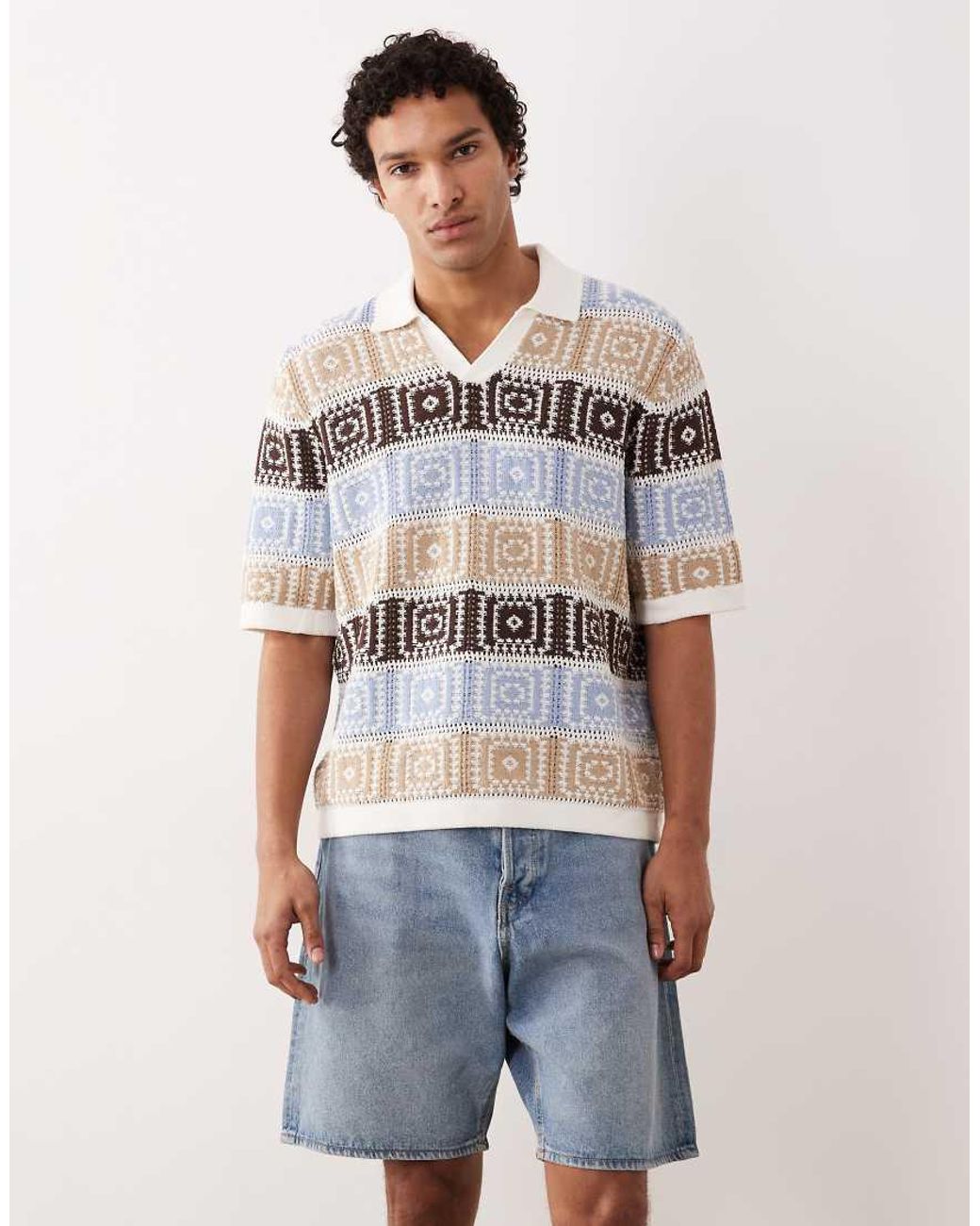 Only & Sons Blue Split Neck Relaxed Fit Knitted Polo for men