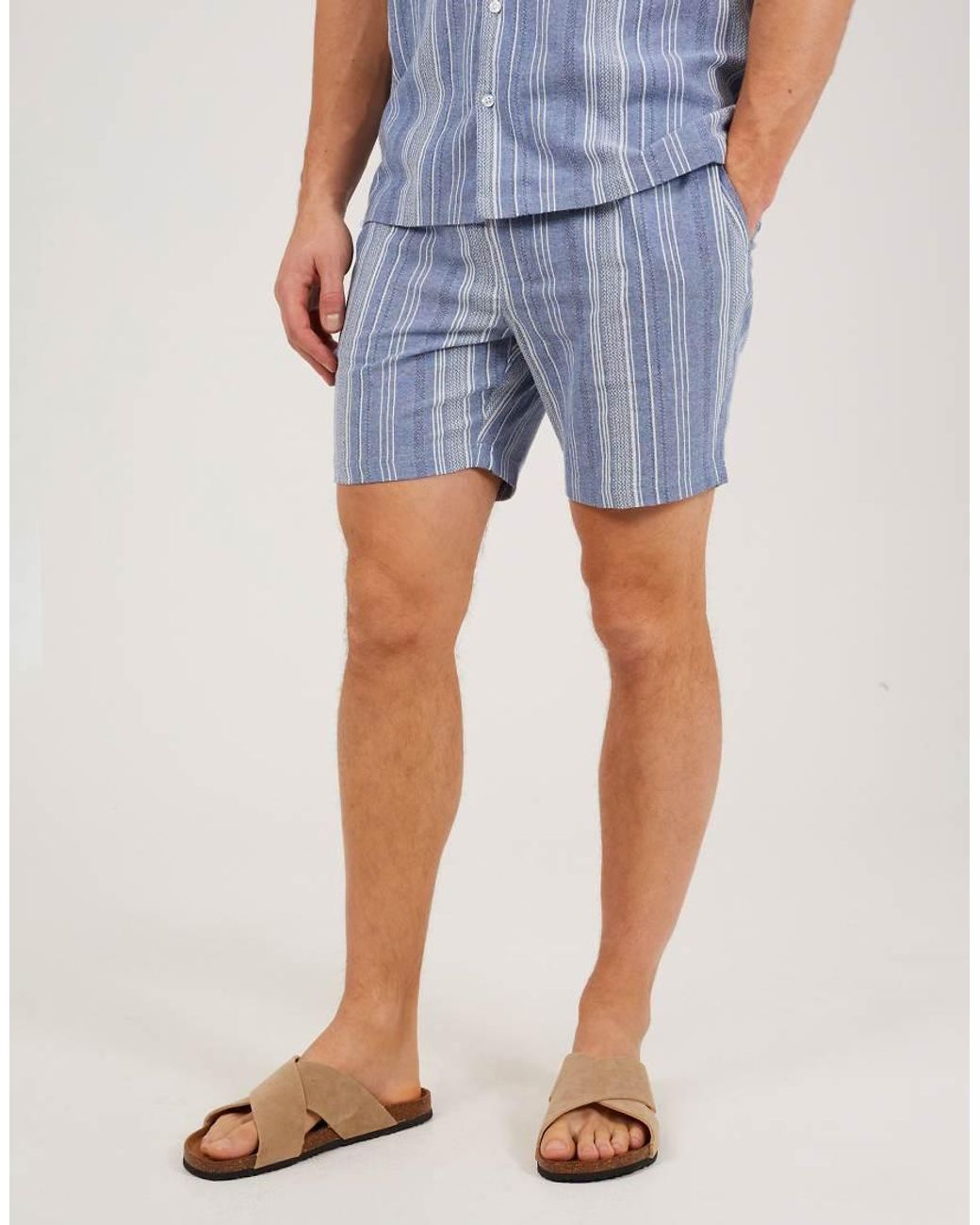Brave Soul Blue Striped Cotton Shorts for men