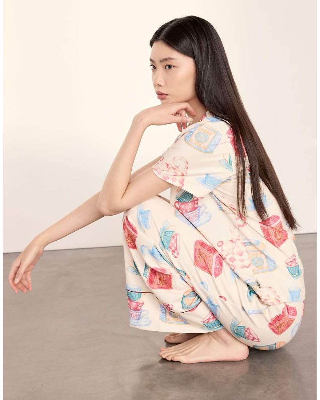 Chelsea Peers Natural Cotton Tea Party Print Long Pyjama Set