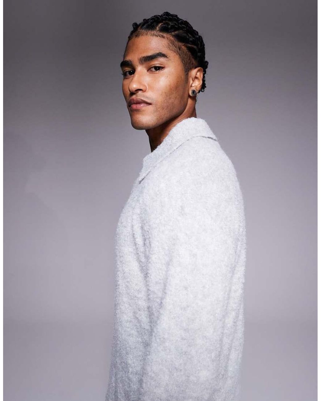 Good For Nothing Gray Knitted Boucle Long Sleeve Polo Jumper for men