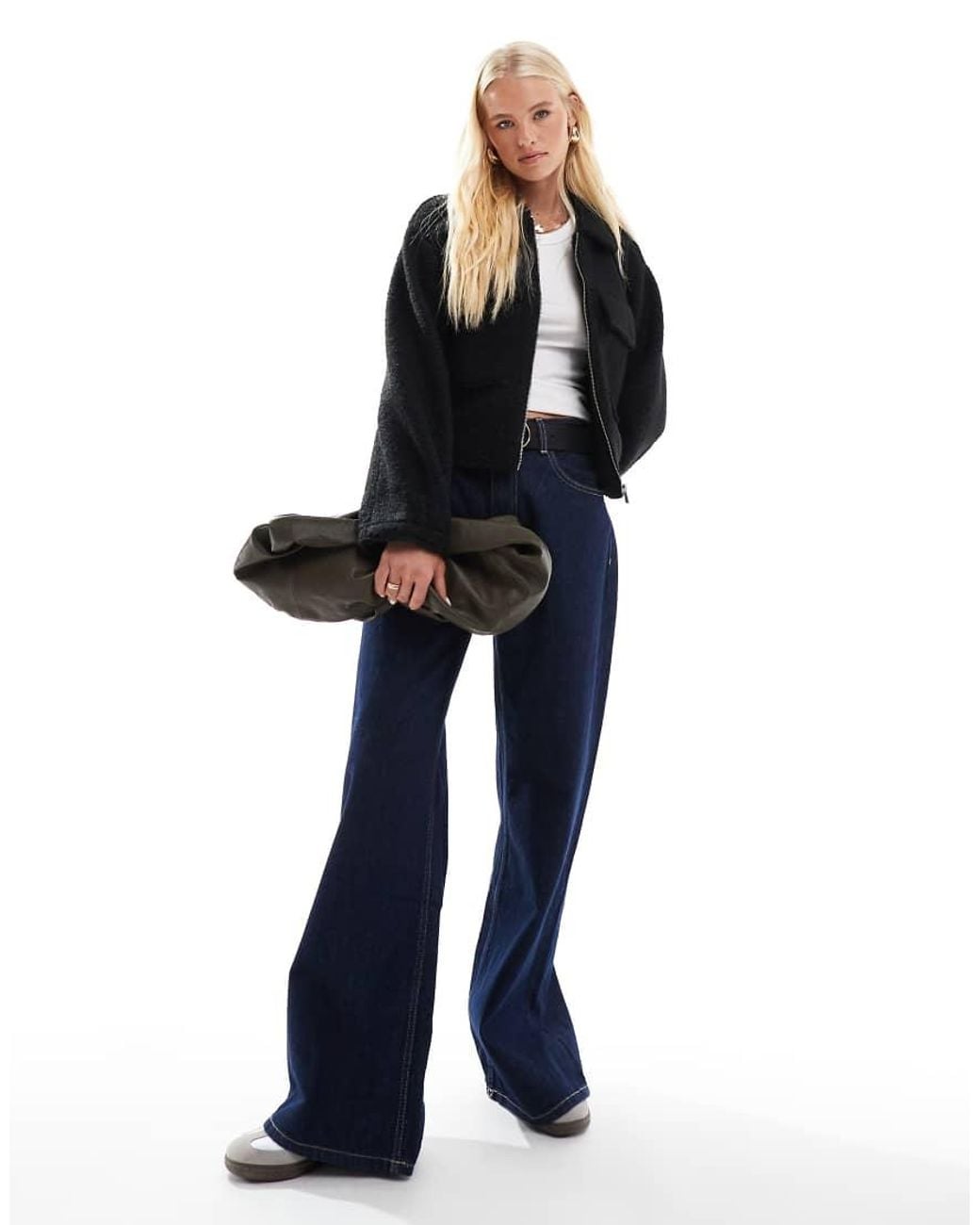 ONLY Blue Boxy Zip Through Boucle Jacket