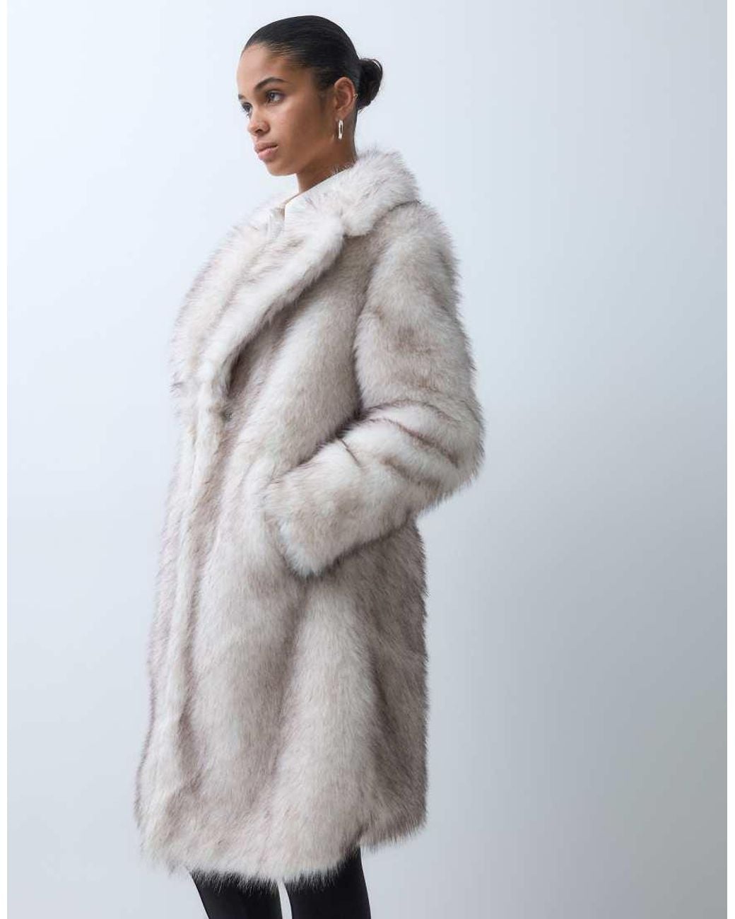 Forever New Gray Faux Fur Revere Collar Longline Coat