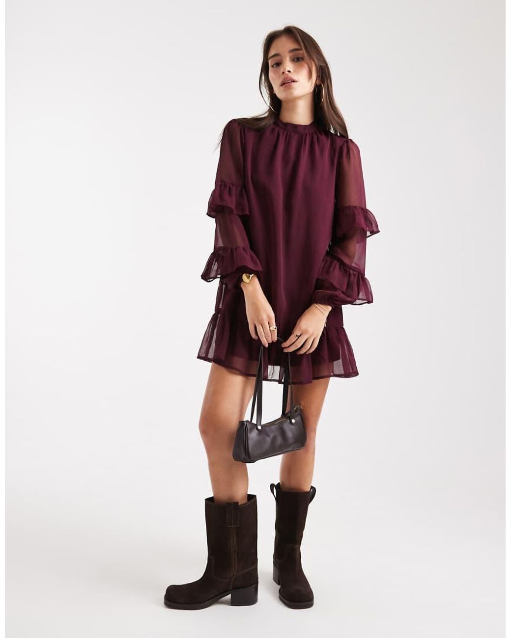 Wednesday's Girl Red Long Sleeve High Neck Ruffle Detailed Mini Dress