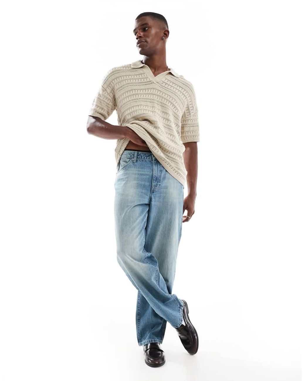 Only & Sons Natural Drop Shoulder Open Knit Split Neck Polo for men