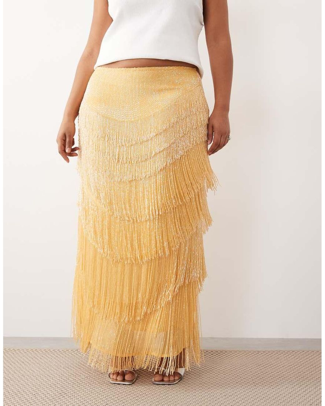 ARRANGE Natural Curve Beaded Fringe Column Midi Skirt