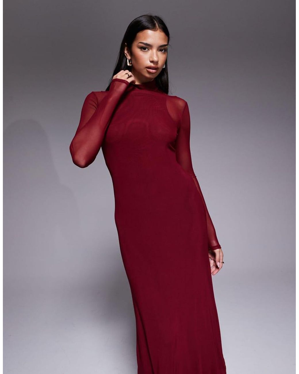 ASOS Red Mesh High Neck Double Layer Maxi Dress