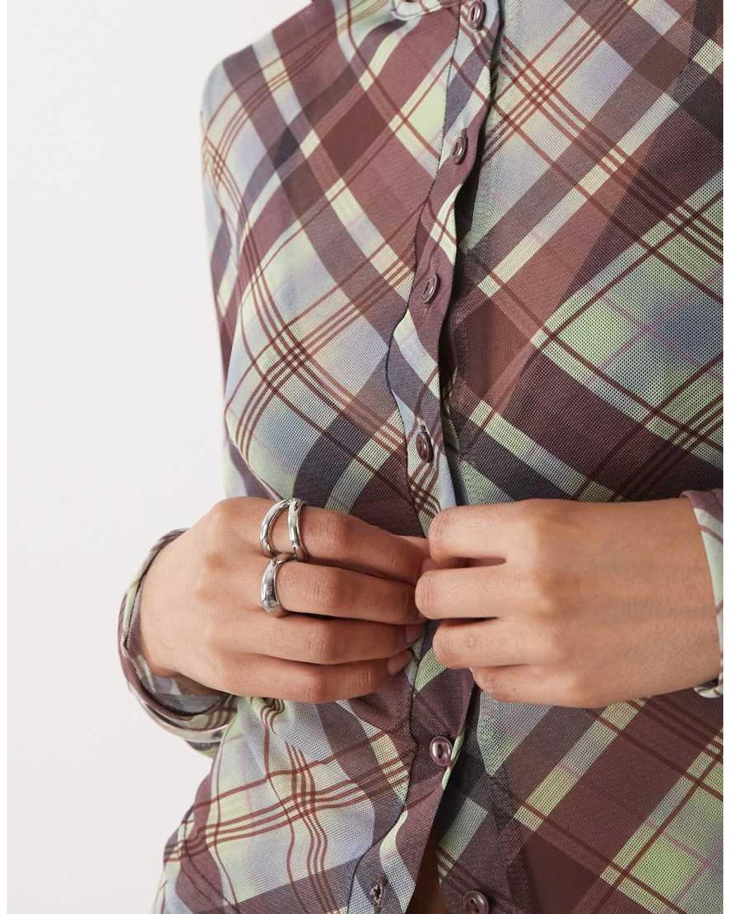 Collusion Brown Long Sleeve Mesh Button Through Top