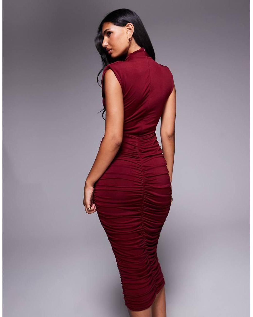 TFNC London Red High Neck Padded Shoulder Midi Dress