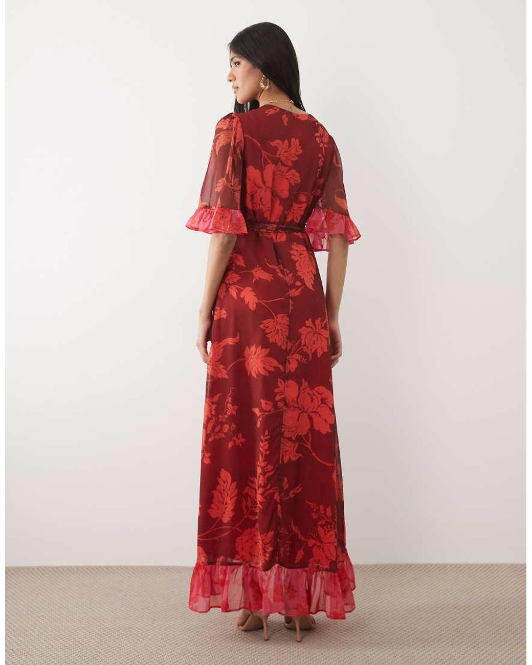 Hope & Ivy Red Flutter Sleeve Contrast Wrap Maxi Dress