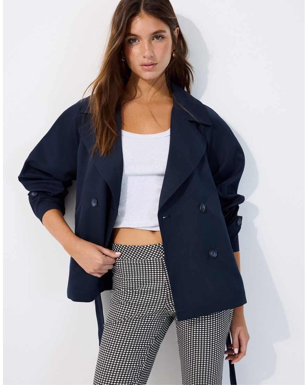 Stradivarius Blue Short Flowing Belted Trench Coat