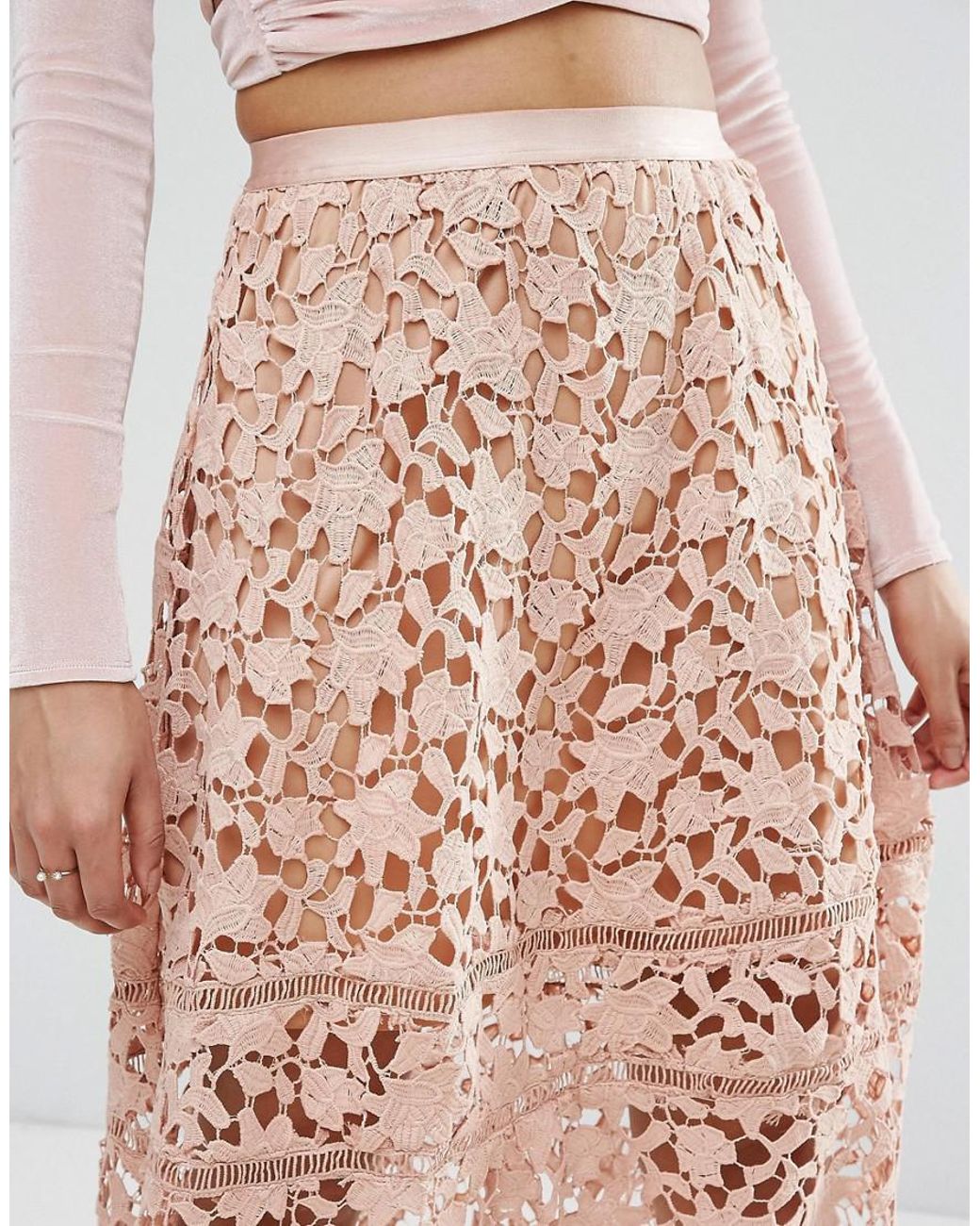 Missguided Premium Pink Crochet Lace Full Midi Skirt Lyst