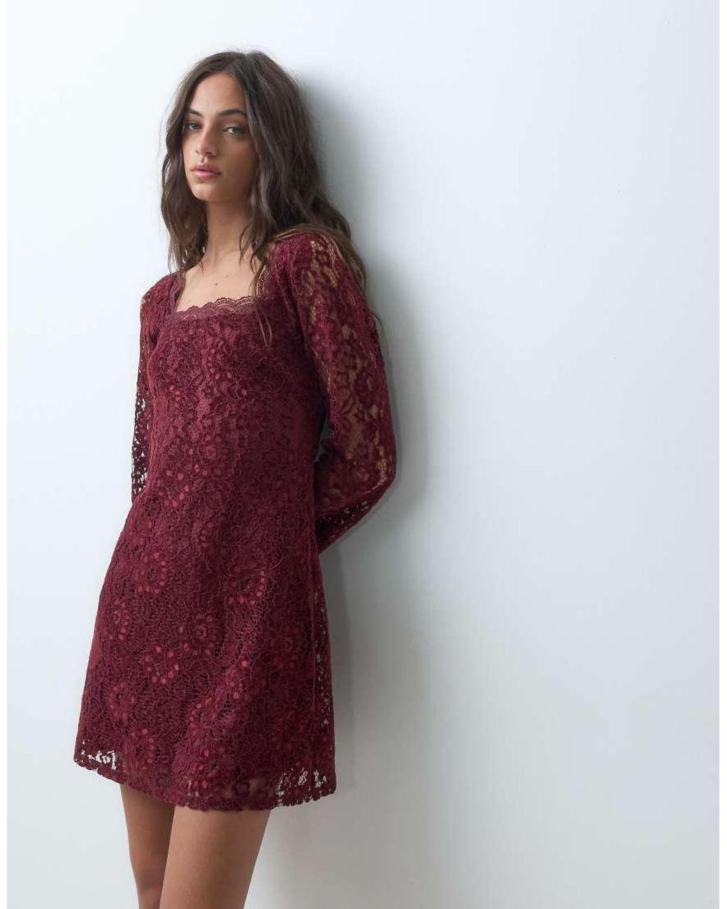 New Look Red Square Neck Long Sleeved Lace Mini Dress