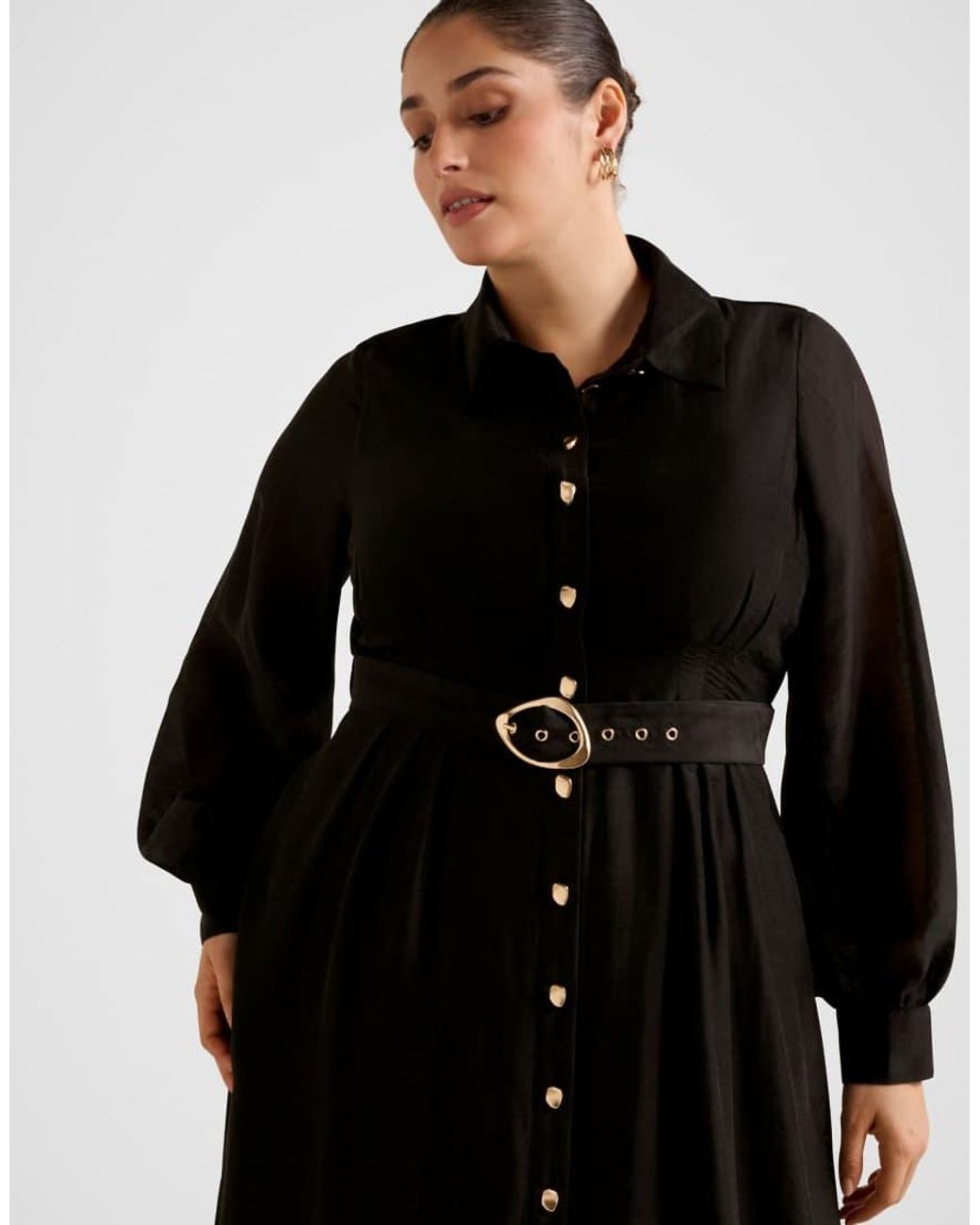 Forever New Black Belted Seam Detail Shirt Midi Dress