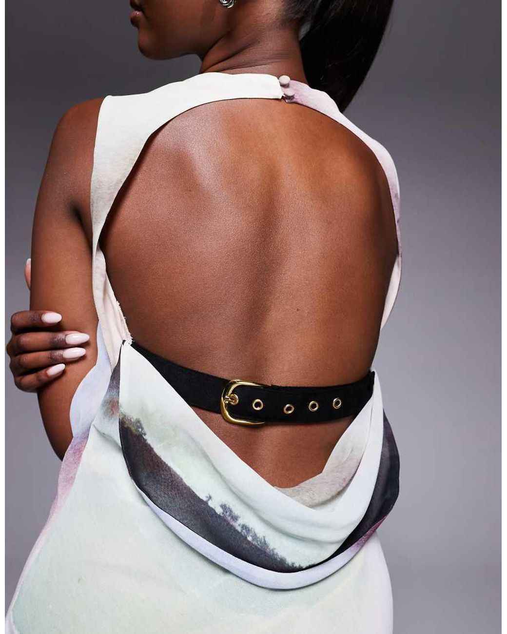 ASOS Multicolor High Neck Draped Column Maxi Dress With Low Cowl Back And Belt Strap Detail