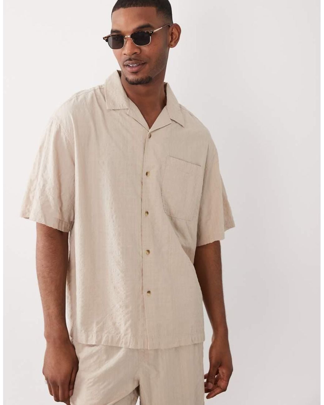 ASOS Natural Co-Ord Oversized Revere Seersucker Shirt for men