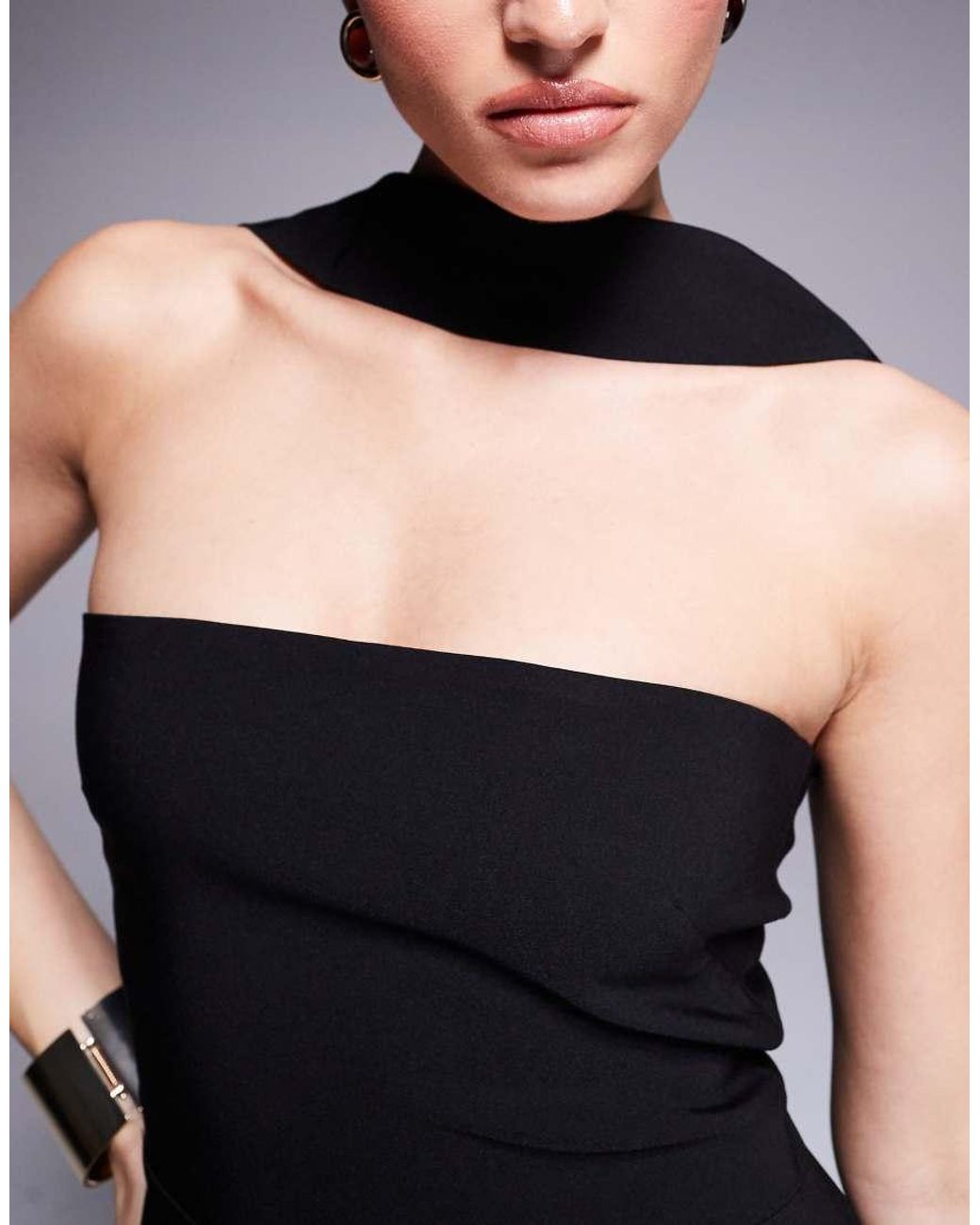 Vesper Blue Bengaline Choker Neck Detail Bandeau Side Split Maxi Dress
