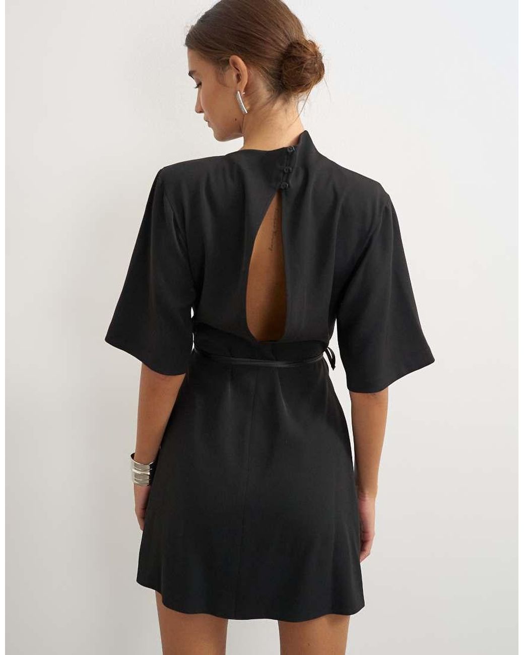 TOPSHOP Black Heavy Crepe Asymmetric Neck Structured Shoulder Pad Mini Dress With Belt