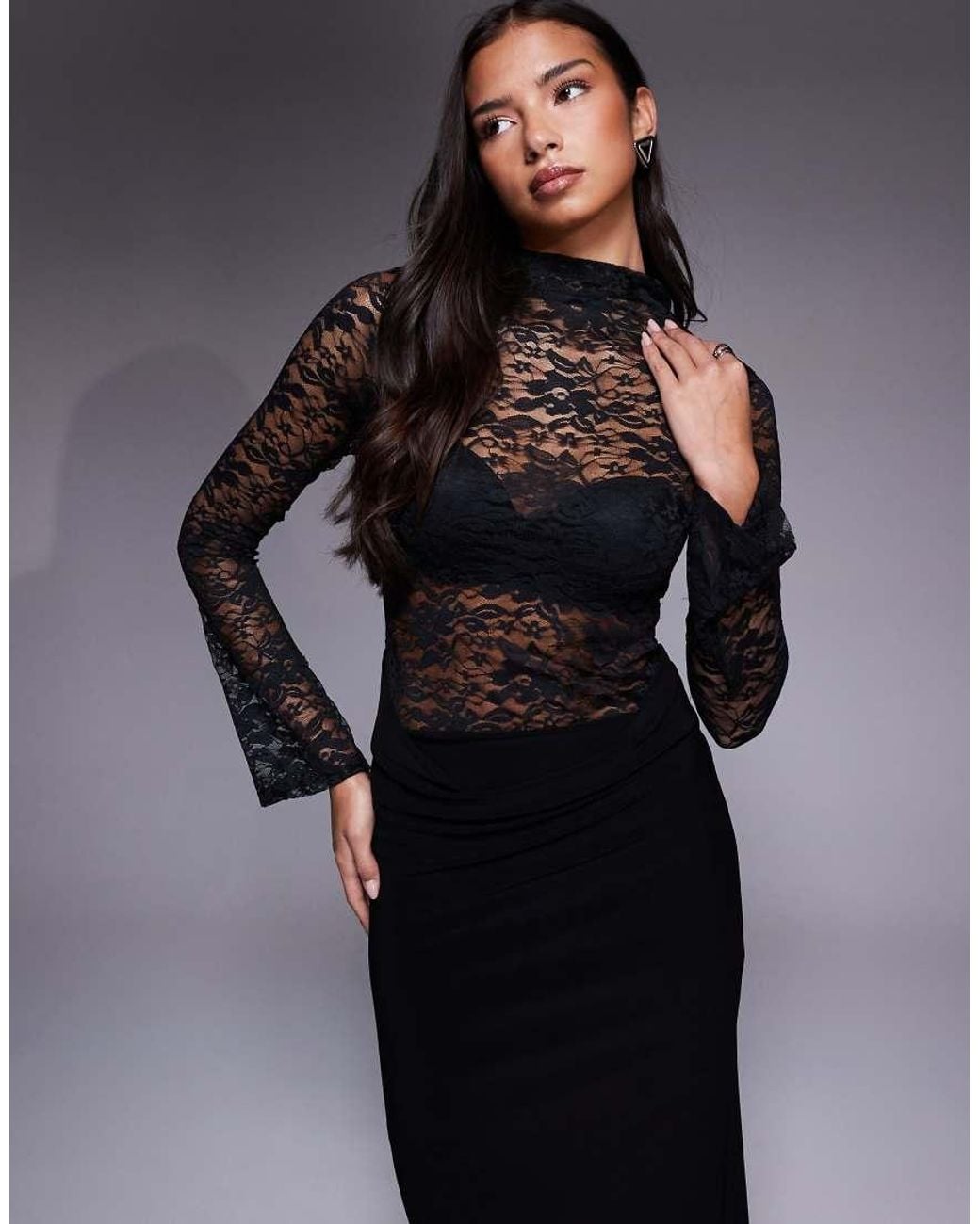ASOS High Neck Long Sleeve Sheer Lace With Draped Waist Faux Ord Maxi Dress  in Blue