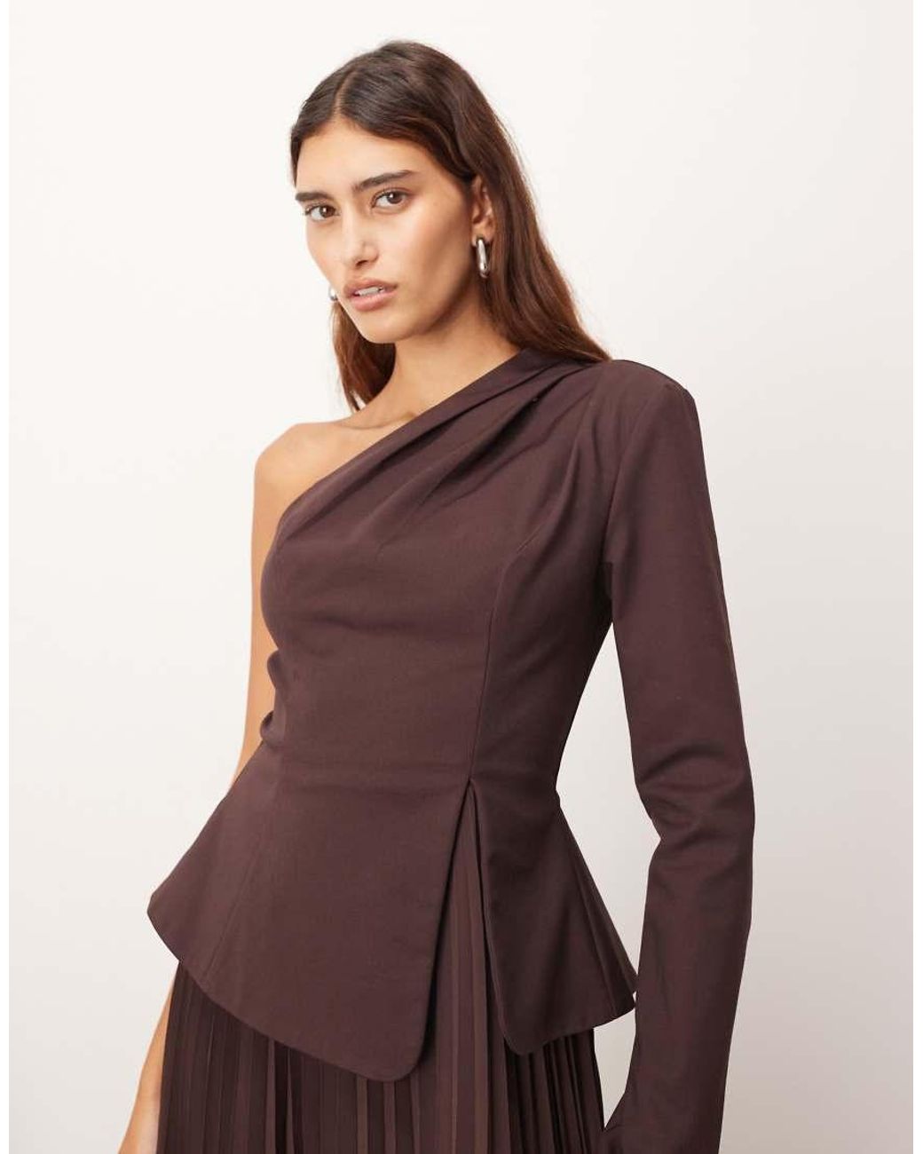 ARRANGE Brown Sculpted One Shoulder Maxi Dress With Micro Pleat Hem