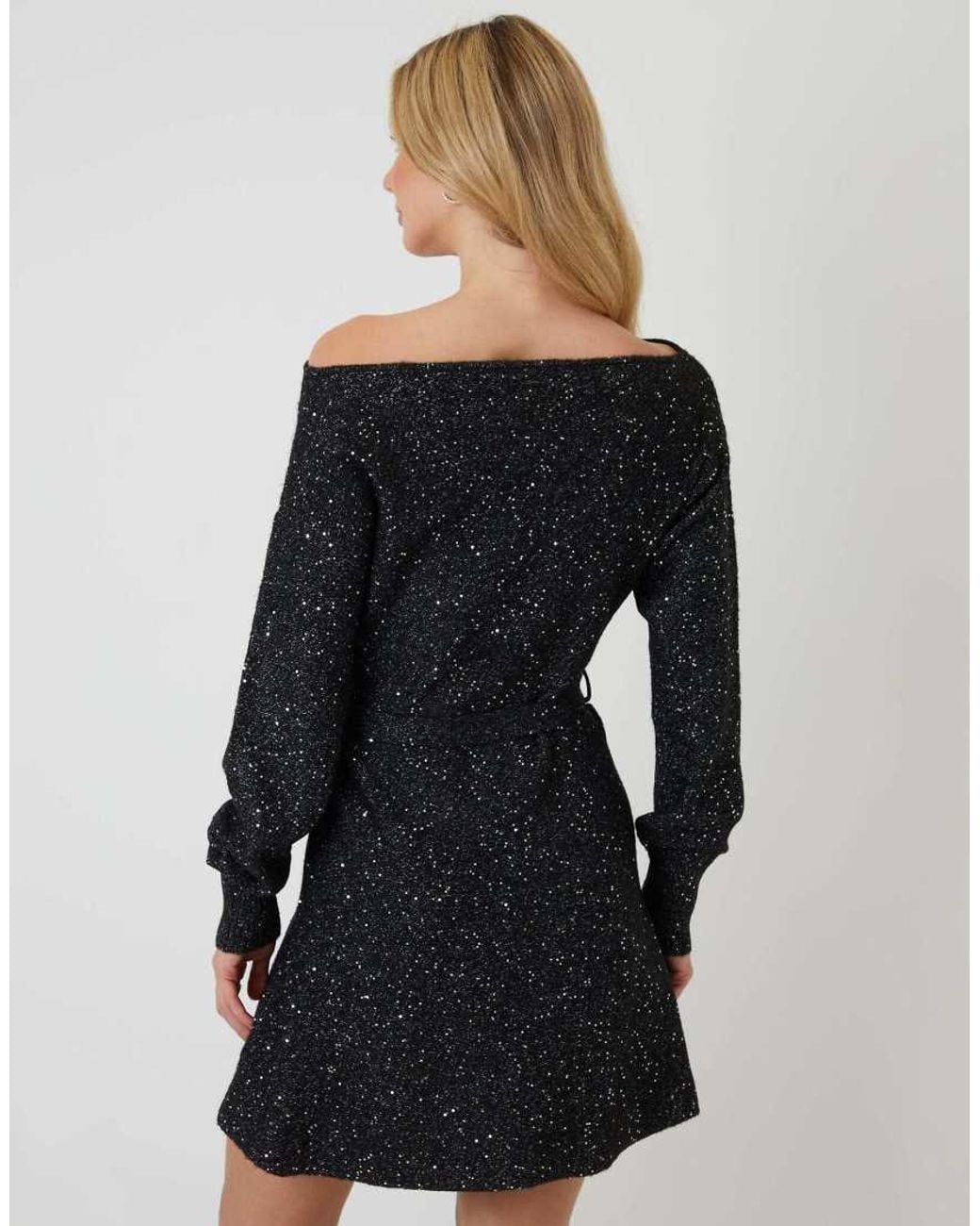 Threadbare Black Knitted Sequin Slash Neck Mini Dress