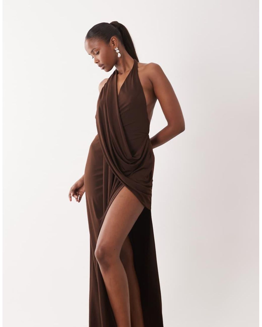 TFNC London Brown Halter Neck Slinky High Split Maxi Dress
