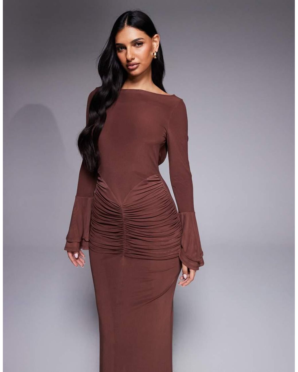 ASOS Purple Mesh Flute Sleeve Maxi With Plunge Back Detail Dress