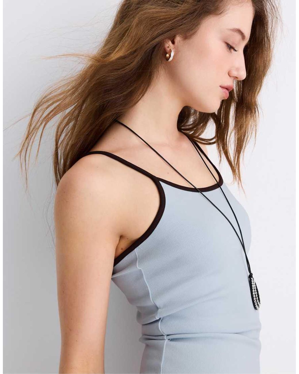 Stradivarius Blue B07 Ribbed Strap Top
