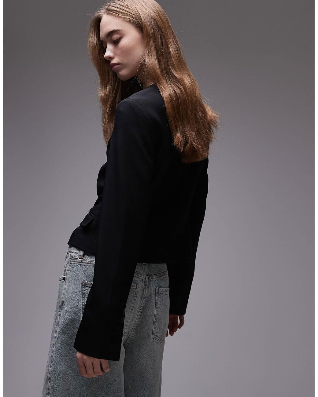 TOPSHOP Gray Round Neck Collarless Blazer