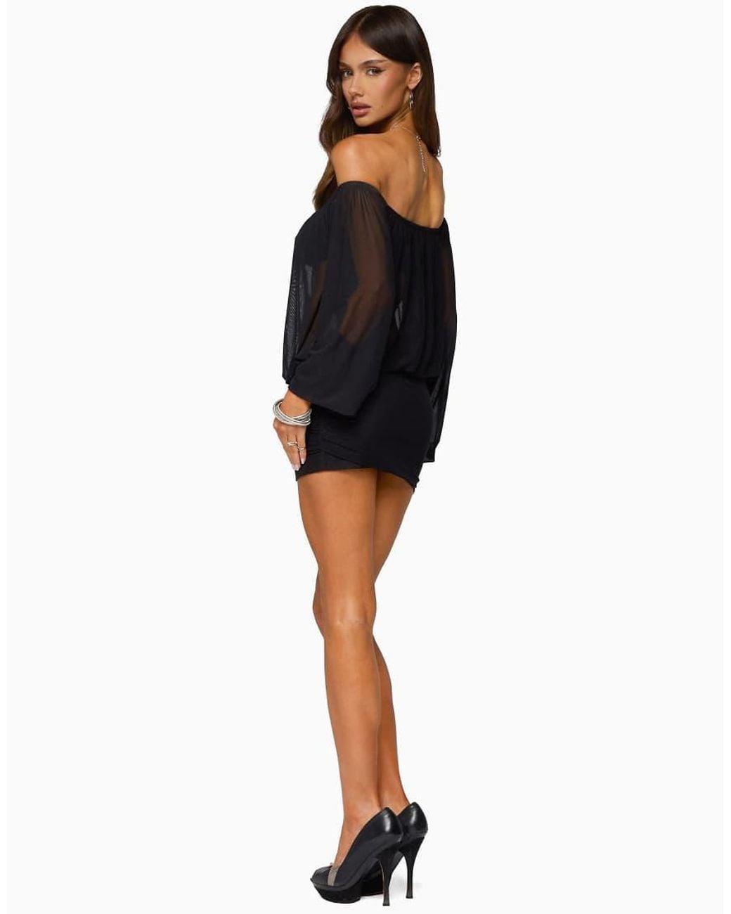 Edikted Black Jorie Sheer Mesh Off Shoulder Bubble Dress