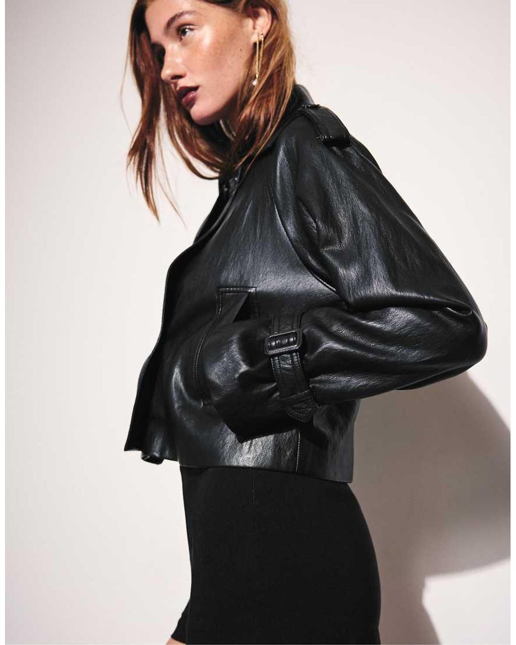 Stradivarius Black Leather-effect Cropped Trench Coat