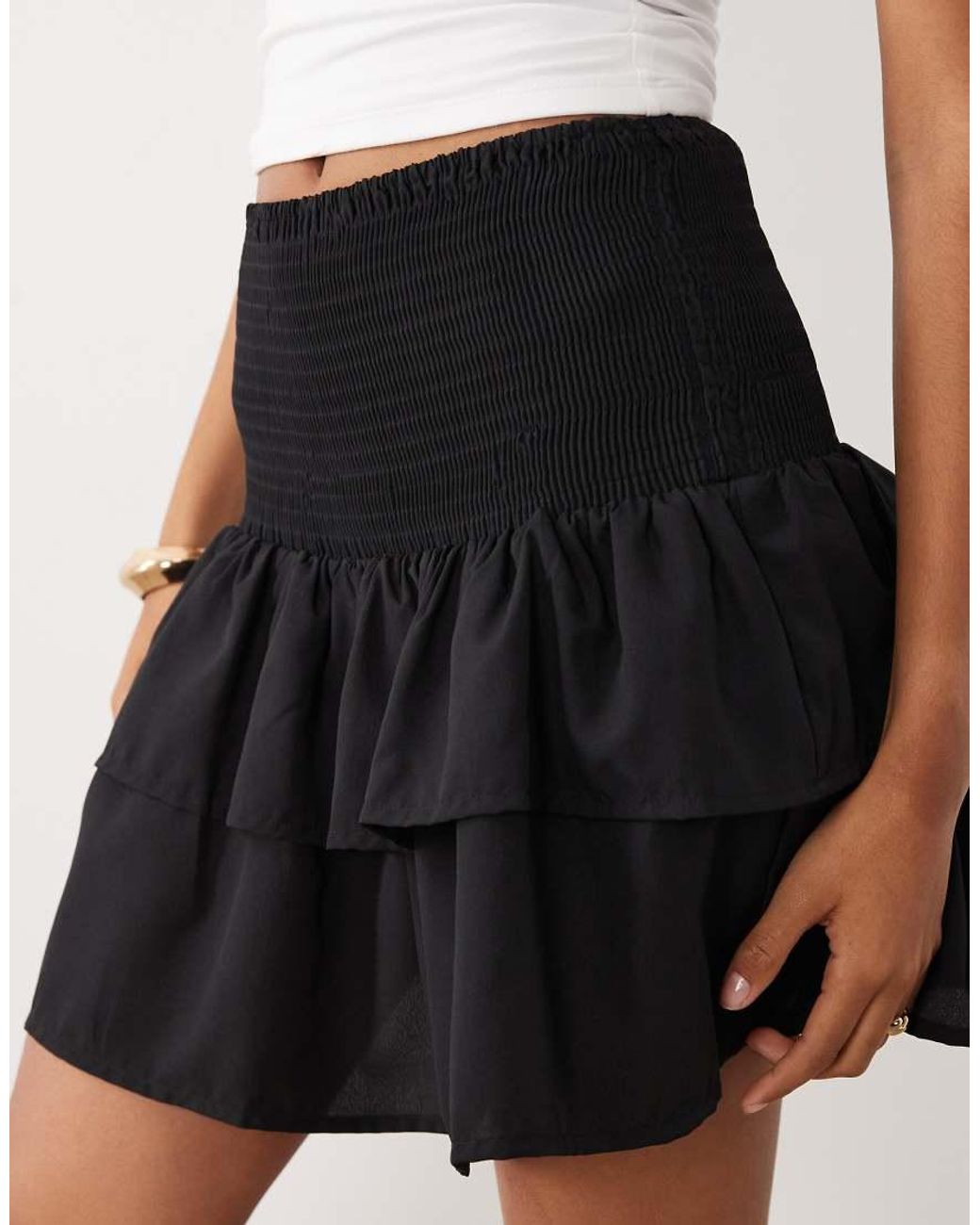 Vila Black Shirred Waist Tiered Mini Skirt