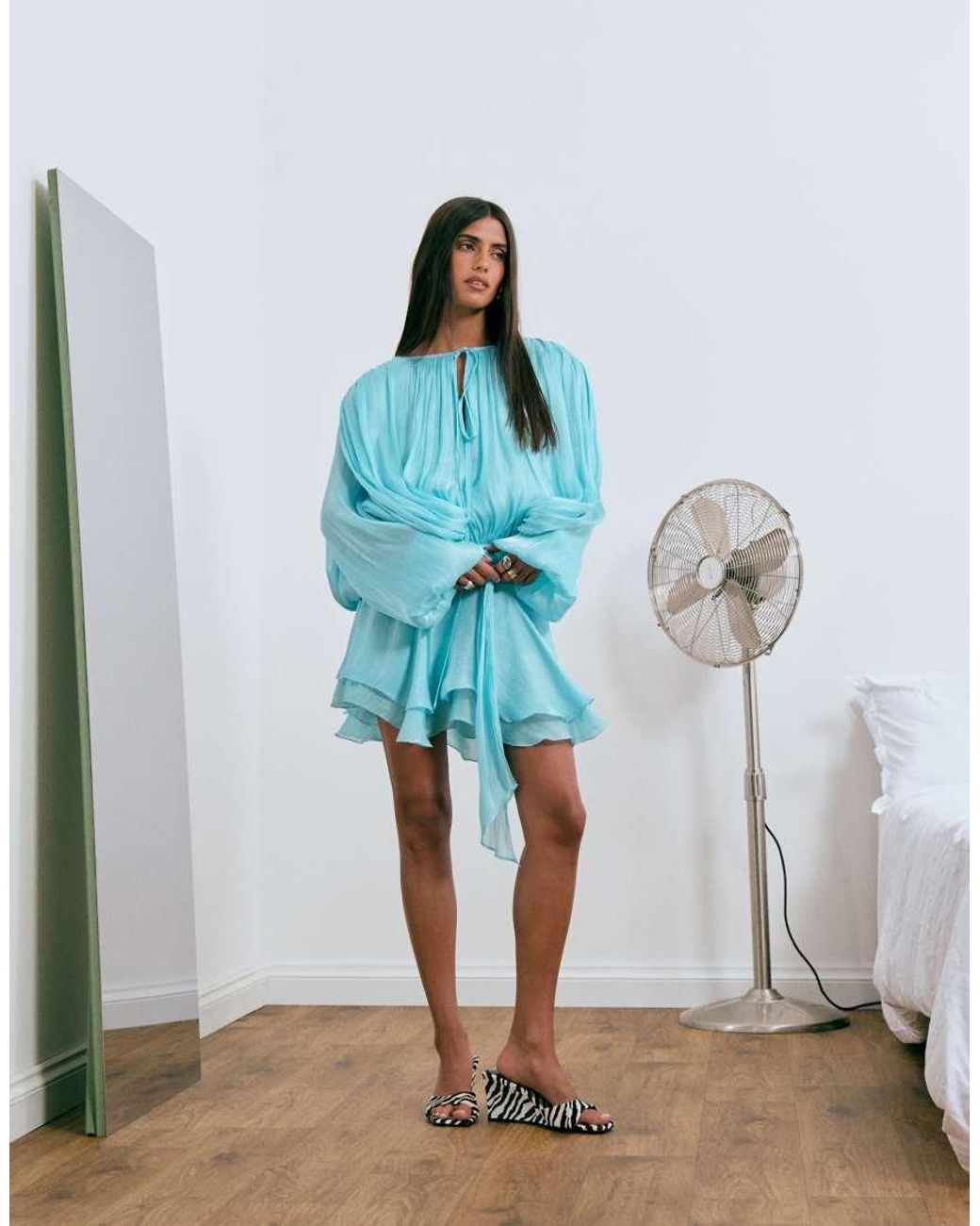 Lioness Blue Exclusive Elements High Sheen Chiffon Drape Detail Balloon Sleeve Tie Waist Mini Dress