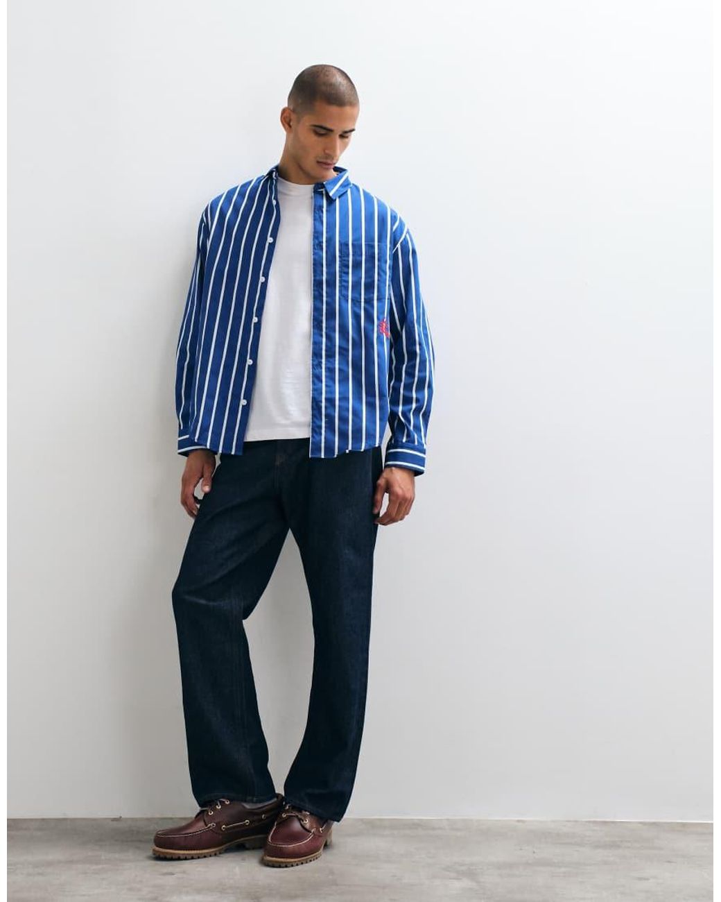 ASOS Blue Oversized Stripe Shirt With Placement Embroidery for men
