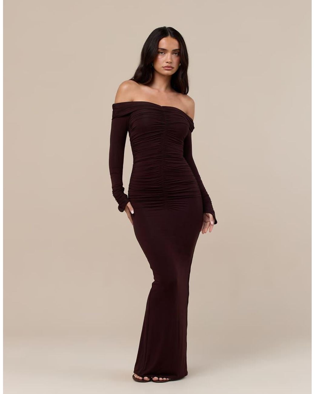 Wanderdoll Natural Wanderoll Tandie Sculpted Bardot Ruched Detail Maxi Dress