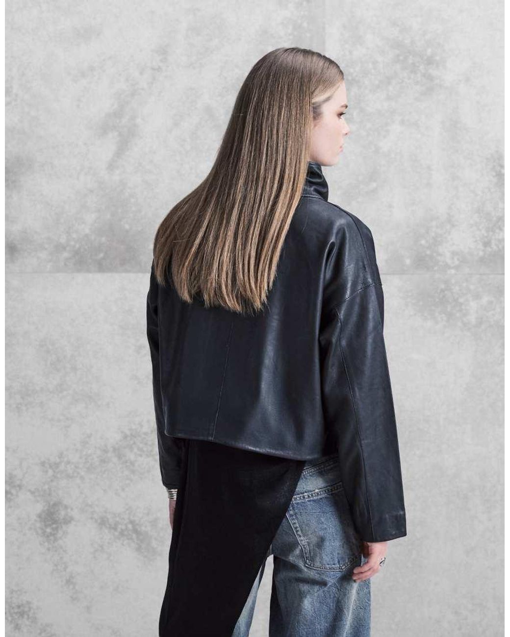 AllSaints Gray Ryder Funnel Neck Relaxed Leather Jacket