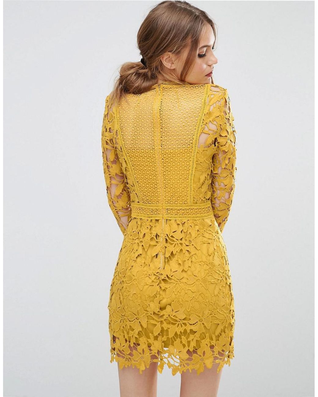 ASOS Mustard Lace Long Sleeve Panelled Shift Dress in Yellow
