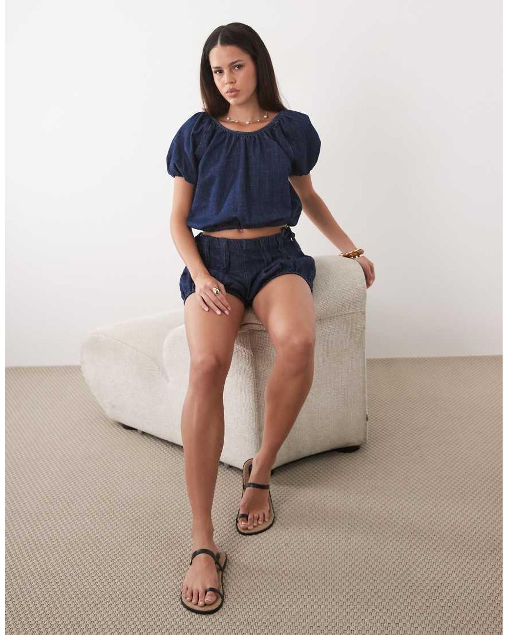 ASOS Blue Denim Bubble Hem Short Co Ord