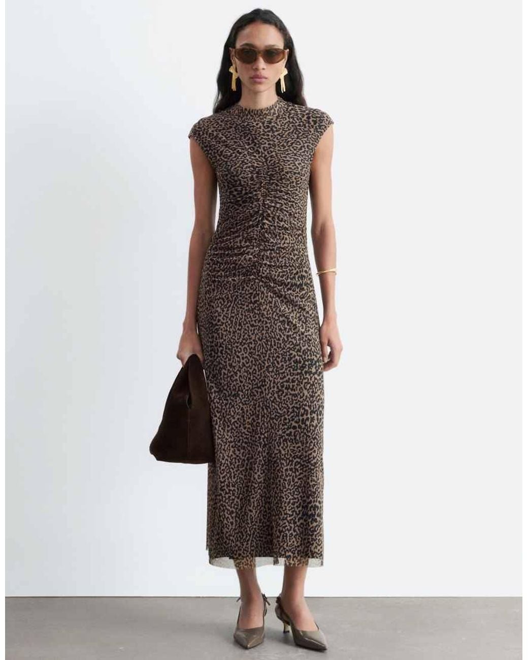 & Other Stories Brown High Neck Mesh Midi Dress With Ruche Detail