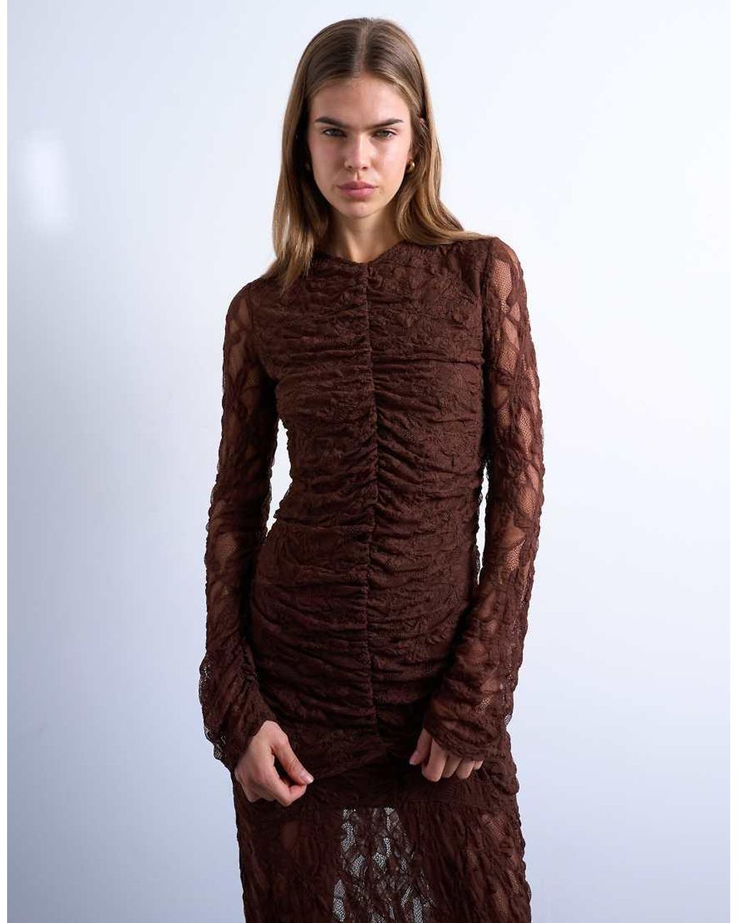 TOPSHOP Purple Lace Ruched Front Drop Waist Maxi Dress