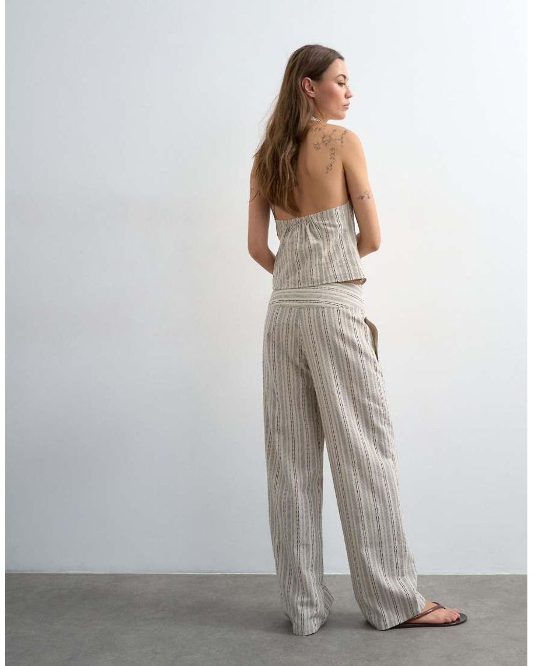 TOPSHOP Gray Co Ord Linen Look Stripe Low Rise Trouser
