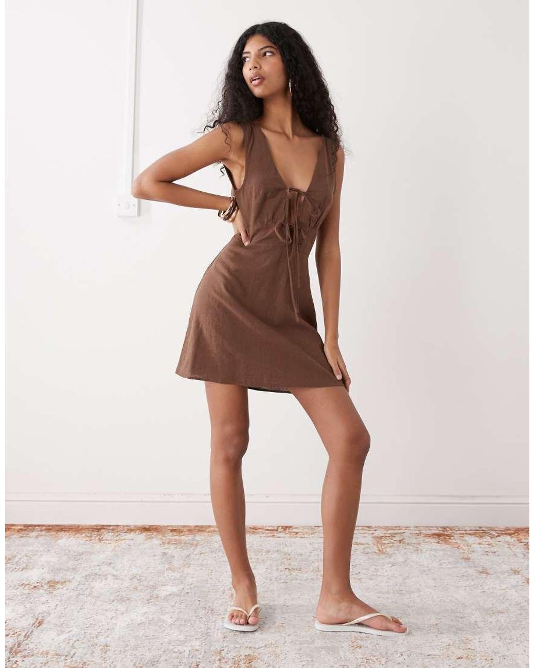 Monki Brown Linen Blend Tie Front Mini Dress