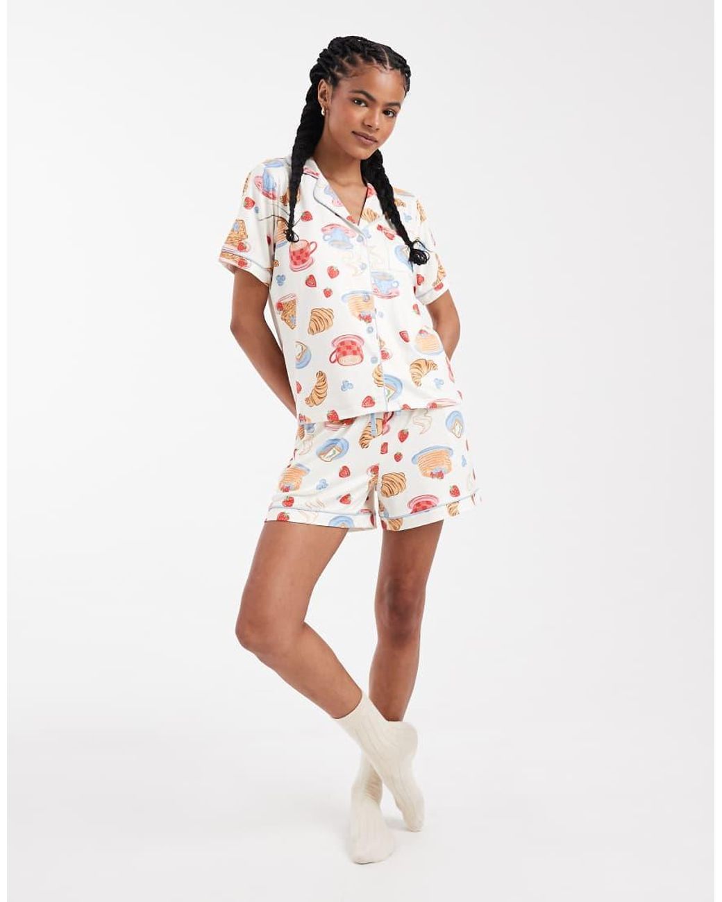 Threadbare Superzachte Korte Pyjamaset Met Knopen En Print in het White