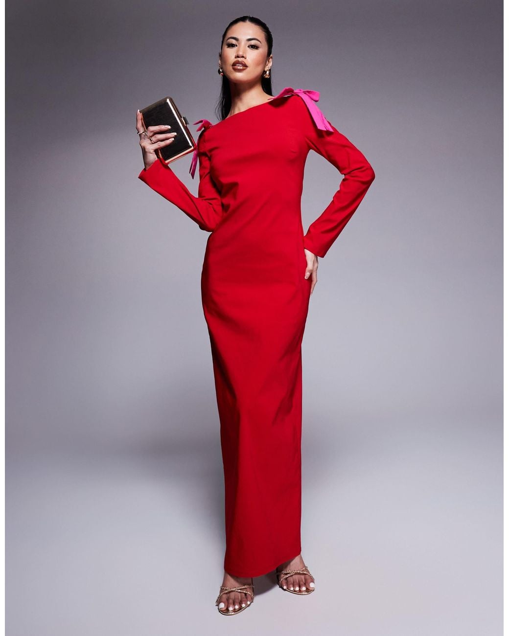DASKA Bow Shoulder Maxi Dress in Red | Lyst