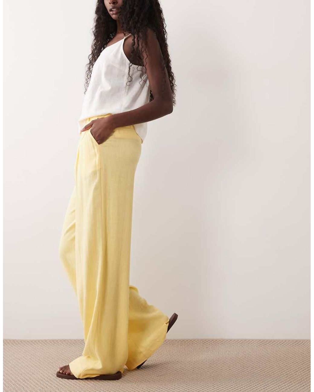 ASOS Natural Relaxed Straight Leg Trousers With Linen