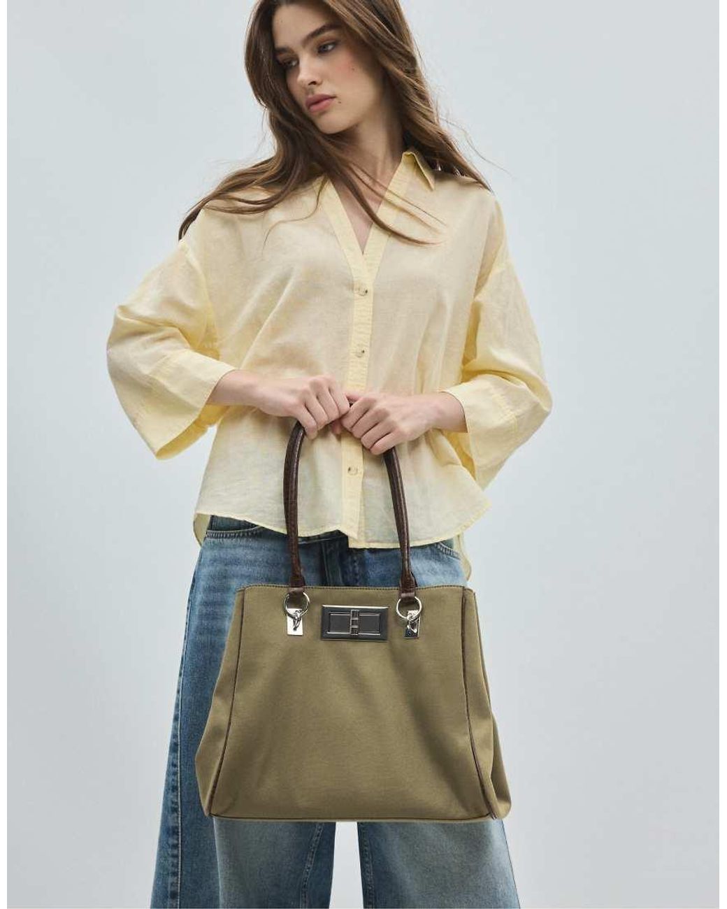 Stradivarius Green Shopper Bag With Metal Closure