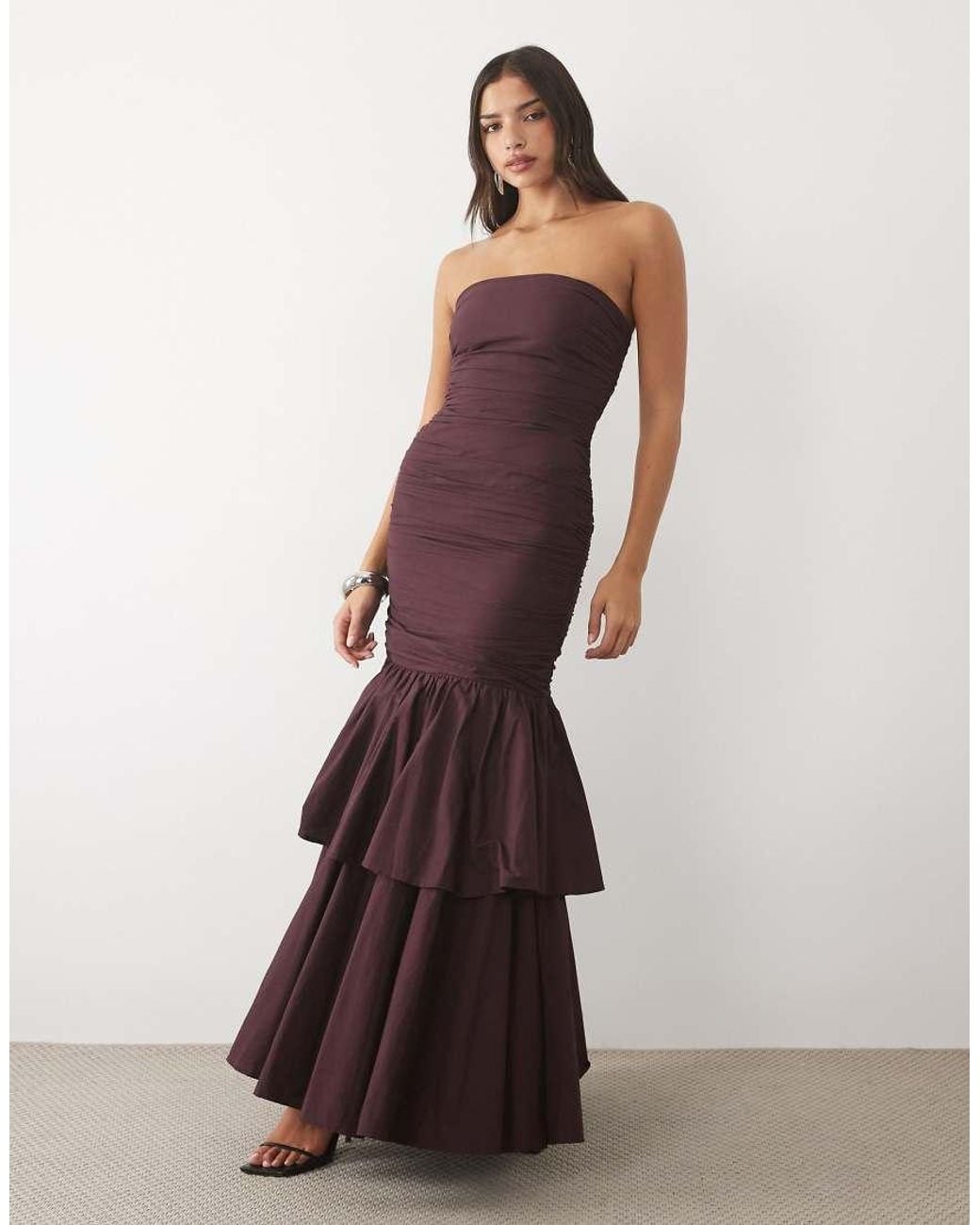 LACE & BEADS Brown Taffeta Bandeau Ruffle Hem Drop Waist Maxi Dress