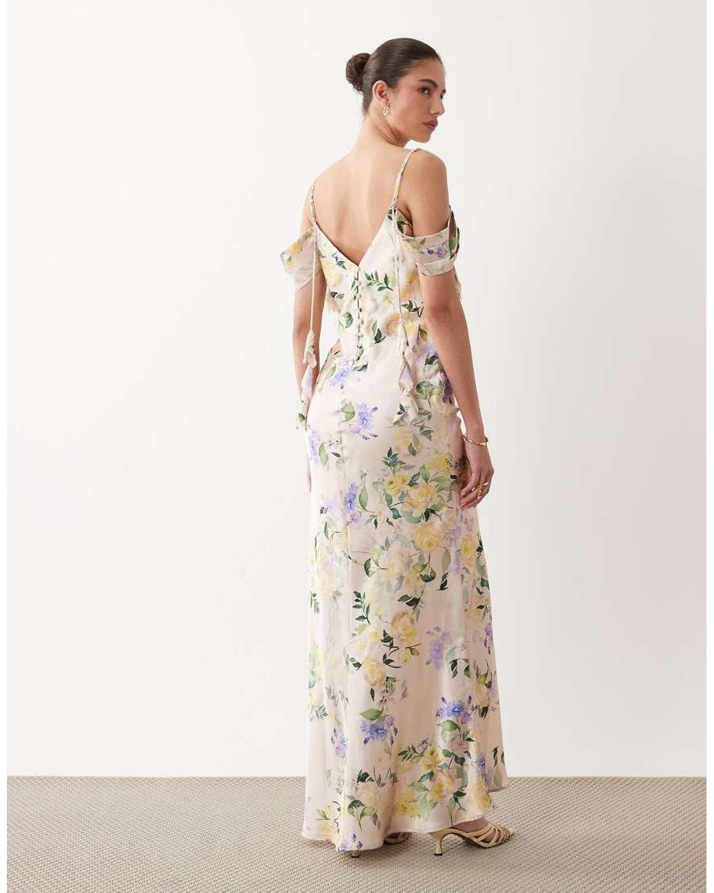 Hope & Ivy Natural Satin Cold Shoulder Cami Maxi Dress