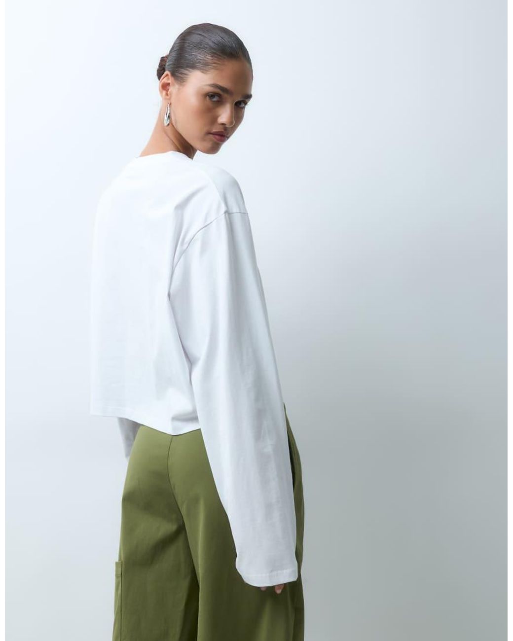 ASOS White V Neck Boxy Crop Long Sleeve