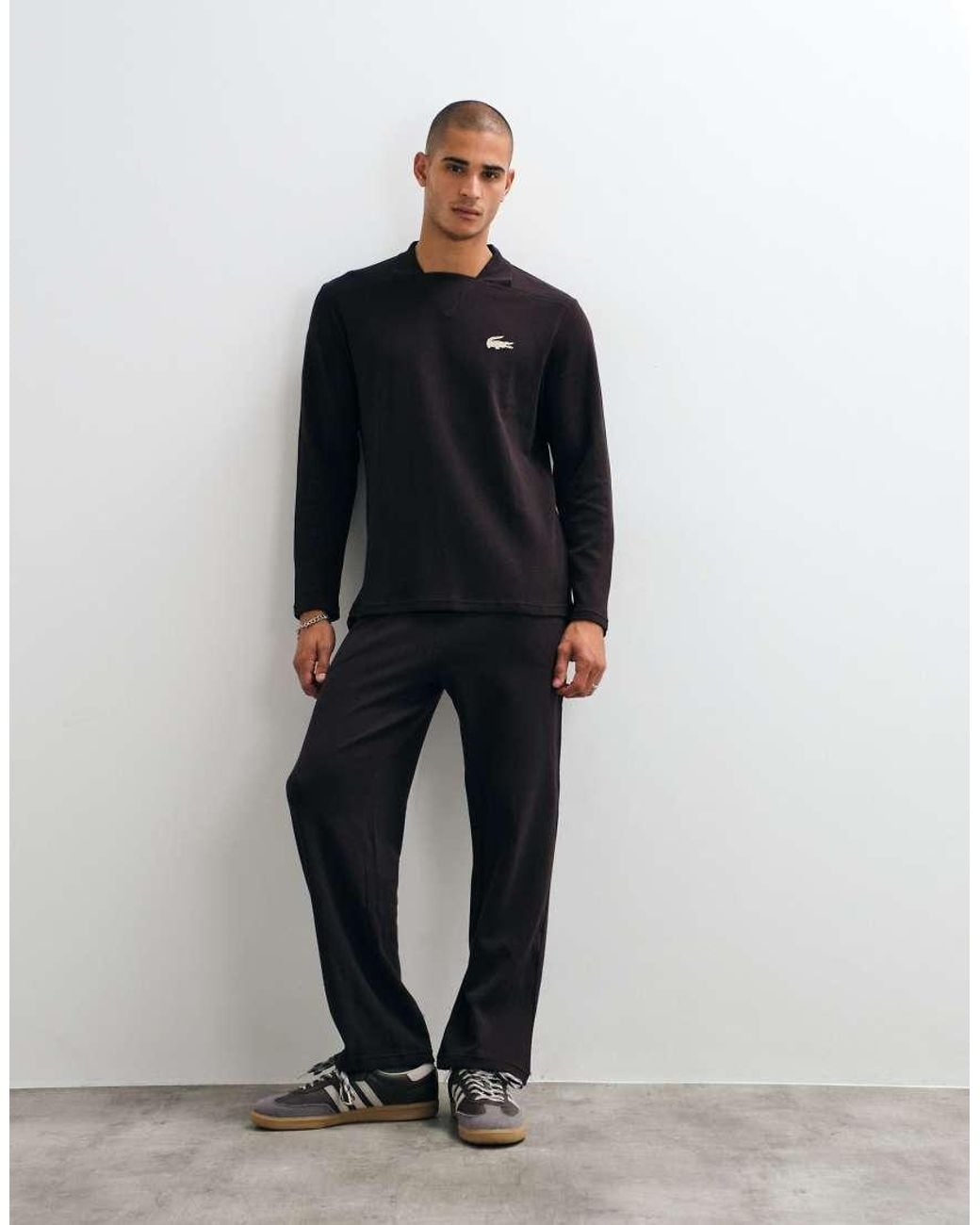 Lacoste Black Long Sleeve Waffle Co-Ord Croc Logo Loungewear T-Shirt for men